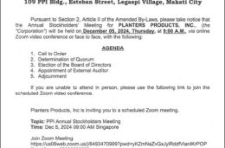 Planters Products, Inc. to hold Annual Stockholders’ Meeting on Dec. 5 via Zoom