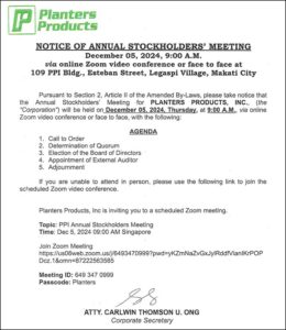  Planters Products, Inc. to hold Annual Stockholders’ Meeting on Dec. 5 via Zoom